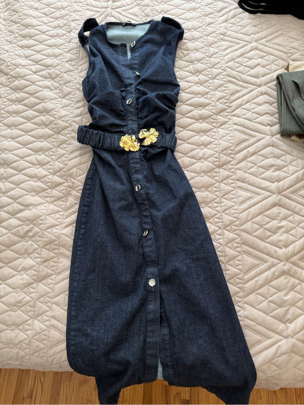 Zara Dark Blue Denim Maxi Dress with Gold Floral Belt